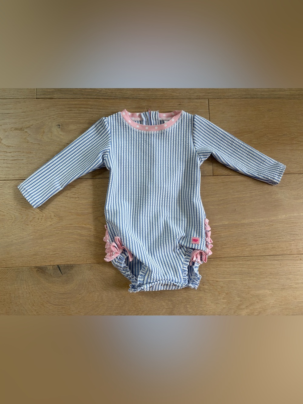 Rufflebutts long sleeve seersucker swimsuit  snaps zip up - 18-24 months